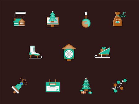Wintertime fun and leisure. Christmas holidays. Traditional events. Collection of flat color vector icon on brown background. Web design elements for business, website and mobile. Foto de stock - Super Valor sin royalties y Suscripción, Código: 400-08413538