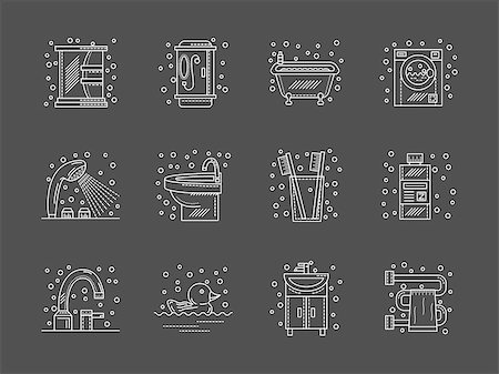 simsearch:400-06852286,k - Bathroom objects, household interior elements. Vector collection of flat thin line stylish icons on black background. Elements of web design for business, website and mobile. Stock Photo - Budget Royalty-Free & Subscription, Code: 400-08413531