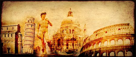 Grunge background with paper texture and landmarks of Italy - volcano Mount Vesuvius, Leaning Tower of Pisa, Colosseum, Michelangelo's David Photographie de stock - Aubaine LD & Abonnement, Code: 400-08413634