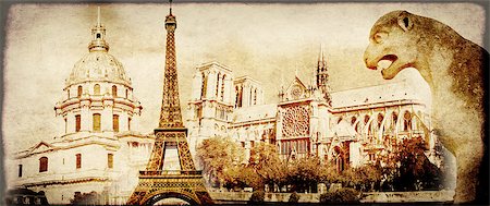 Grunge background with paper texture and landmarks of Paris - Eiffel tower, Les Invalides, Notre Dam de Paris Foto de stock - Super Valor sin royalties y Suscripción, Código: 400-08413636
