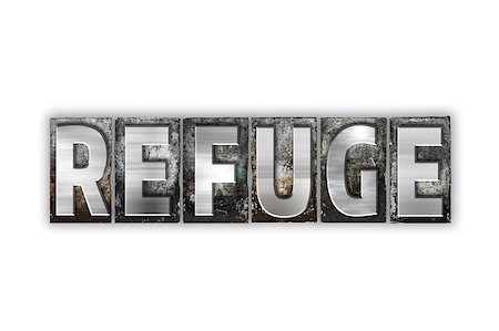 The word "Refuge" written in vintage metal letterpress type isolated on a white background. Photographie de stock - Aubaine LD & Abonnement, Code: 400-08413757