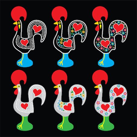 souvenir portugal - Vector icons set of traditional decorated rooster from Portugal isolated on black background Stock Photo - Budget Royalty-Free & Subscription, Code: 400-08413877