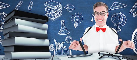simsearch:400-07683612,k - Geeky hipster pulling his suspenders against blue chalkboard Stock Photo - Budget Royalty-Free & Subscription, Code: 400-08413968