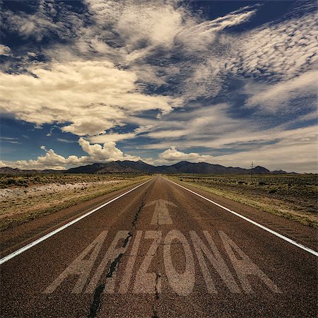 simsearch:400-07955646,k - Conceptual image of desert road with the word Arizona and arrow Stock Photo - Budget Royalty-Free & Subscription, Code: 400-08426810