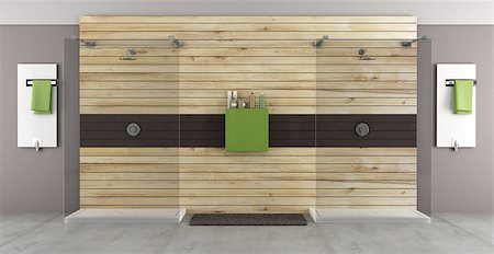 simsearch:400-06396170,k - Modern bathroom with double shower on wooden background - 3D Rendering Photographie de stock - Aubaine LD & Abonnement, Code: 400-08426956