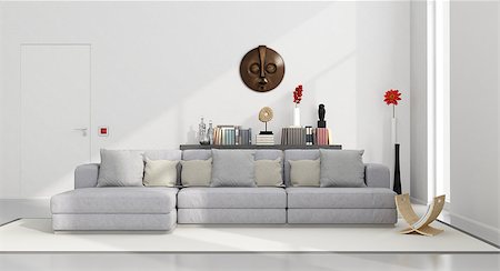 simsearch:400-07797413,k - White minimalist living room with gray couch and decor objects on black shelves - 3D Rendering Foto de stock - Royalty-Free Super Valor e Assinatura, Número: 400-08426960