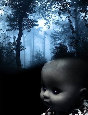 simsearch:400-04914423,k - Vintage evil spooky doll and mysterious landscape of foggy forest Fotografie stock - Microstock e Abbonamento, Codice: 400-08426985