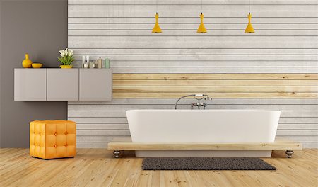 simsearch:400-04159088,k - Contemporary bathroom with bathtub in front at concrete and wooden panel - 3D Rendering Stock Photo - Budget Royalty-Free & Subscription, Code: 400-08427164