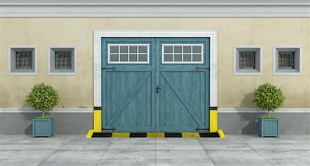 simsearch:400-06396983,k - Old facade with blue car wooden garage and little windows with grate - 3D Rendering Stock Photo - Budget Royalty-Free & Subscription, Code: 400-08427167