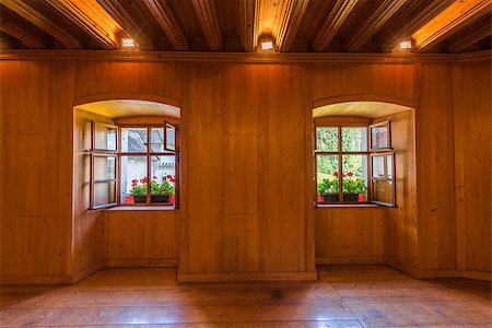 Open Windows with Flowers in Empty Wooden Room Photographie de stock - Aubaine LD & Abonnement, Code: 400-08427194