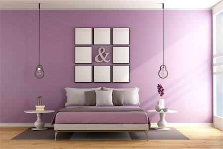 simsearch:400-07796866,k - Contemporary bedroom with double bed ,nightstand and blank frame on wall - 3D Rendering Stock Photo - Budget Royalty-Free & Subscription, Code: 400-08427458