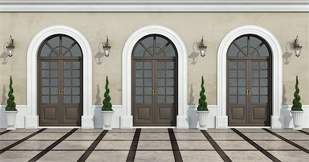 simsearch:400-04691130,k - Courtyard of a classic house with three windows wooden balcony - 3D Rendering Foto de stock - Super Valor sin royalties y Suscripción, Código: 400-08427460
