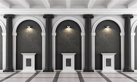 simsearch:400-08427462,k - Black and white classic museum with ionic column and pedestal illuminated by spotlights - 3d Rendering Stock Photo - Budget Royalty-Free & Subscription, Code: 400-08427462