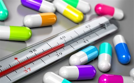 thermometer with many pills around it over grey background. Concept image for illustration of over consumption of drugs and antibiotics. Stock Photo - Budget Royalty-Free & Subscription, Code: 400-08427562