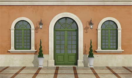 simsearch:400-08427462,k - Detail of a classic facade with two arched windows with stone frame and  front door -3D Rendering Stock Photo - Budget Royalty-Free & Subscription, Code: 400-08427860