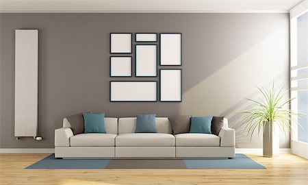 simsearch:400-07797413,k - Contemporary living room with sofa, vertical radiator and blank frame on wall - 3D Rendering Foto de stock - Royalty-Free Super Valor e Assinatura, Número: 400-08427861