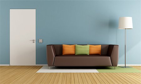 simsearch:400-07797413,k - Colorful living room with modern couch and closed door - 3D Rendering Foto de stock - Royalty-Free Super Valor e Assinatura, Número: 400-08427862