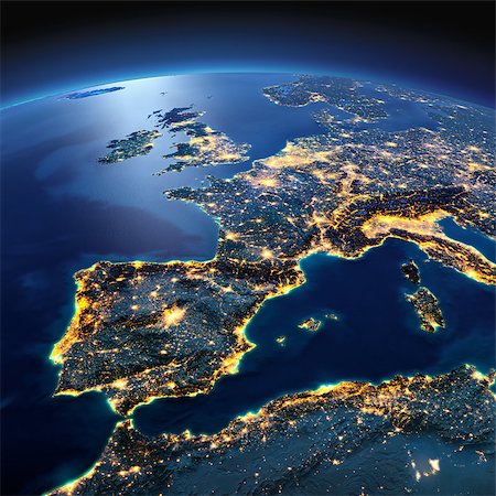 simsearch:400-04780152,k - Night planet Earth with precise detailed relief and city lights illuminated by moonlight. Part of Europe, the Mediterranean Sea. Elements of this image furnished by NASA Photographie de stock - Aubaine LD & Abonnement, Code: 400-08428227