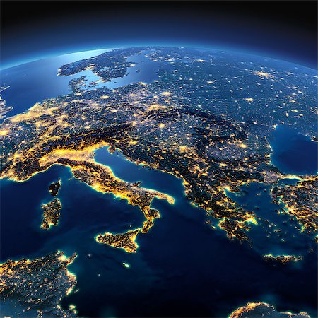 simsearch:400-04780152,k - Night planet Earth with precise detailed relief and city lights illuminated by moonlight. Italy, Greece and the Mediterranean Sea. Elements of this image furnished by NASA Photographie de stock - Aubaine LD & Abonnement, Code: 400-08428228