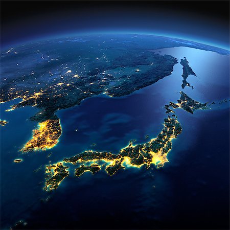 simsearch:400-07420874,k - Night planet Earth with precise detailed relief and city lights illuminated by moonlight. Part of Asia, Japan and Korea, Japanese sea. Elements of this image furnished by NASA Stock Photo - Budget Royalty-Free & Subscription, Code: 400-08428229