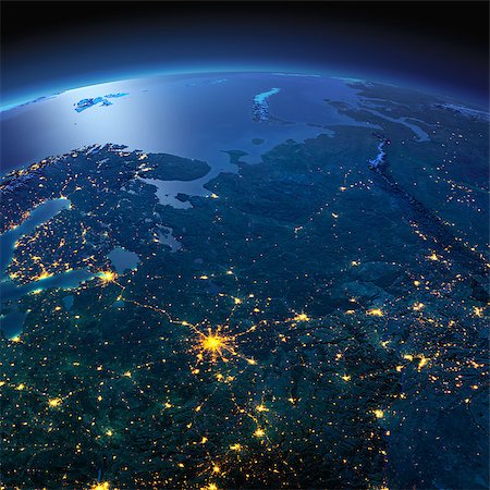 Night planet Earth with precise detailed relief and city lights illuminated by moonlight. European part of Russia. Elements of this image furnished by NASA Foto de stock - Super Valor sin royalties y Suscripción, Código: 400-08428242