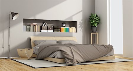 simsearch:400-07796866,k - Bright Contemporary bedroom with wooden double bed and niche with objects - 3D Rendering Stock Photo - Budget Royalty-Free & Subscription, Code: 400-08428626