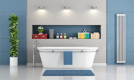 simsearch:6102-08726973,k - Blue contemporary bathroom with bathtub - 3D Rendering Fotografie stock - Microstock e Abbonamento, Codice: 400-08429147
