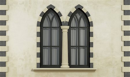 simsearch:400-04691130,k - Old facade with mullioned gothic window with stone frame and column- 3D Rendering Foto de stock - Super Valor sin royalties y Suscripción, Código: 400-08429150