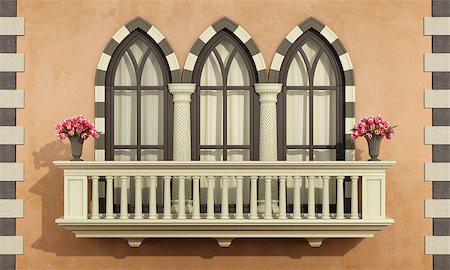 pilaster - Old facade with classic balcony balustrade with triple lanced window - 3d rendering Stockbilder - Microstock & Abonnement, Bildnummer: 400-08429151