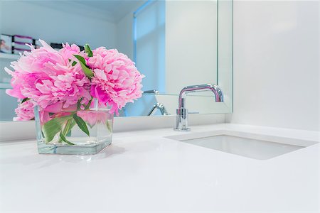 pictures of water glass and faucet - Interior design of a luxury bathroom and flower decoration Photographie de stock - Aubaine LD & Abonnement, Code: 400-08429264