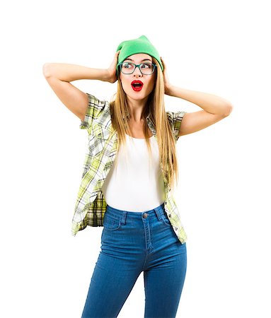 simsearch:400-08430017,k - Surprised Hipster Girl in Glasses Holding Hands on Her Head Isolated at White Background. Shock and Amazing Emotions Concept. Trendy Casual Fashion Outfit in Spring. Stock Photo - Budget Royalty-Free & Subscription, Code: 400-08429388