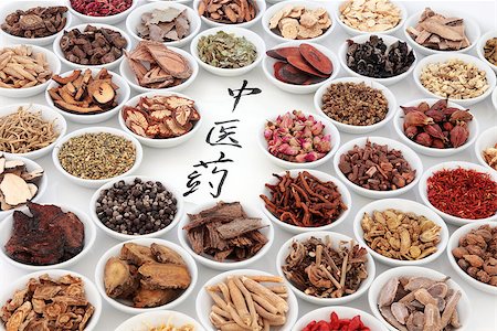 simsearch:400-06521200,k - Traditional chinese medicinal herb ingredients with calligraphy on rice paper. Translation reads as chinese herbal medicine. Stockbilder - Microstock & Abonnement, Bildnummer: 400-08429429