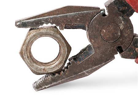 simsearch:400-07977982,k - Closeup of old pliers and nut isolated on white background Foto de stock - Royalty-Free Super Valor e Assinatura, Número: 400-08429860