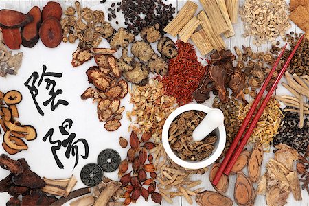 simsearch:400-06521200,k - Yin and yang symbols with traditional chinese herbal medicine selection, i ching coins, mortar with pestle and chopsticks. Stock Photo - Budget Royalty-Free & Subscription, Code: 400-08429916