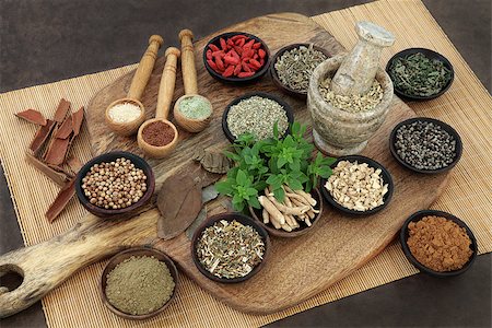 simsearch:400-06521200,k - Herb and spice health food selection for men in wooden bowls and spoons. Used in natural alternative herbal medicine. Stock Photo - Budget Royalty-Free & Subscription, Code: 400-08429912