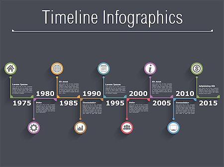 simsearch:400-08223890,k - Horizontal timeline infographics with text, dates and icons, dark background, vector eps10 illustration Fotografie stock - Microstock e Abbonamento, Codice: 400-08430279