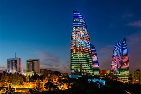 simsearch:400-05157115,k - Flame Towers are new skyscrapers in Baku, Azerbaijan. Foto de stock - Super Valor sin royalties y Suscripción, Código: 400-08430589