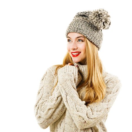 Happy Woman in Knitted Sweater and Beanie Hat Isolated on White. Youth Winter Fashion Concept. Fotografie stock - Microstock e Abbonamento, Codice: 400-08430668