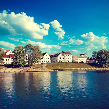 simsearch:400-08430819,k - Minsk Downtown View with Svisloch River. Capital of Belarus. Toned Instagram Styled Photo. Copy Space. Stockbilder - Microstock & Abonnement, Bildnummer: 400-08430686