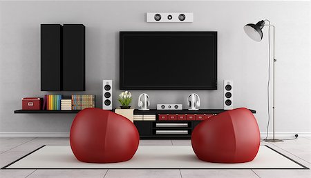 Modern TV wall unit in a living room with two red armchair on carpet - 3D Rendering Photographie de stock - Aubaine LD & Abonnement, Code: 400-08431499