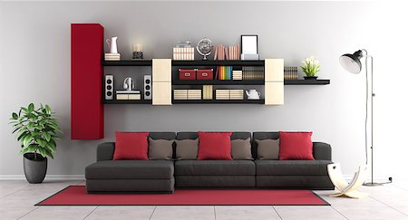 Contemporary living room with black sofa and wall unit on background - 3D Rendering Stock Photo - Budget Royalty-Free & Subscription, Code: 400-08431502