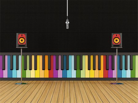 simsearch:400-04278068,k - Recording studio with colorful piano keyboard on wall with professional microphone, acoustic panels and speakers - 3d rendering Stock Photo - Budget Royalty-Free & Subscription, Code: 400-08431503