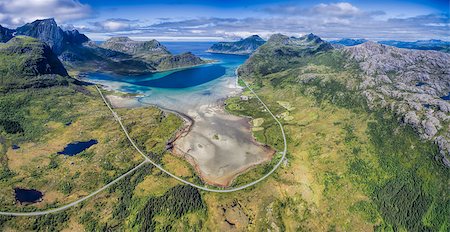 simsearch:400-08428494,k - Aerial panorama of scenic road around fjord on Lofoten islands in Norway, one of the most beautiful roadtrips in the world Stockbilder - Microstock & Abonnement, Bildnummer: 400-08431617