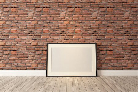 simsearch:400-08621223,k - Blank picture frames with red natural brick wall and wooden parquet decor like loft style, background, template design Stock Photo - Budget Royalty-Free & Subscription, Code: 400-08431806