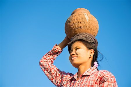simsearch:400-06751673,k - Portrait of Young Asian Burmese traditional female farmer carrying clay pot on head going back home, Bagan, Myanmar Fotografie stock - Microstock e Abbonamento, Codice: 400-08431830
