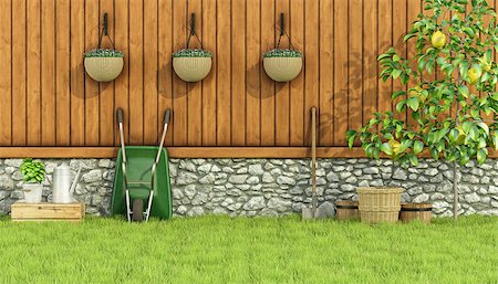 simsearch:400-08554639,k - Tools for gardening in a garden with  old wall, wooden fence and lemon tree-3d rendering Stock Photo - Budget Royalty-Free & Subscription, Code: 400-08431967