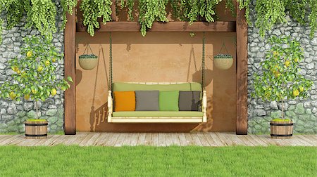 simsearch:400-08554639,k - Wooden swing with colorful cushions in a garden with stone wall- 3D rendering Stock Photo - Budget Royalty-Free & Subscription, Code: 400-08431968