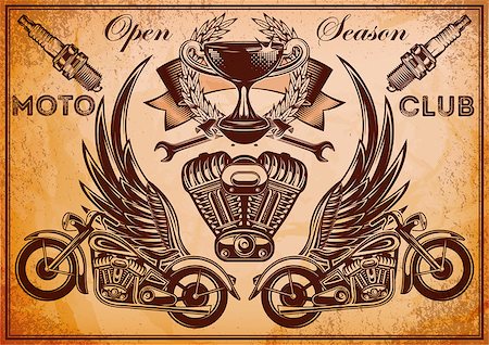 grunge poster with vintage motorcycle and accessories for the opening of season Stock Photo - Budget Royalty-Free & Subscription, Code: 400-08432012