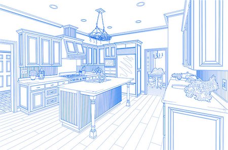 feverpitched (artist) - Beautiful Custom Kitchen Design Drawing in Blue on White. Foto de stock - Royalty-Free Super Valor e Assinatura, Número: 400-08432041