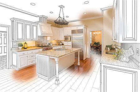 residential construction - Beautiful Custom Kitchen Design Drawing and Brushed In Photo Combination. Stock Photo - Budget Royalty-Free & Subscription, Code: 400-08432042